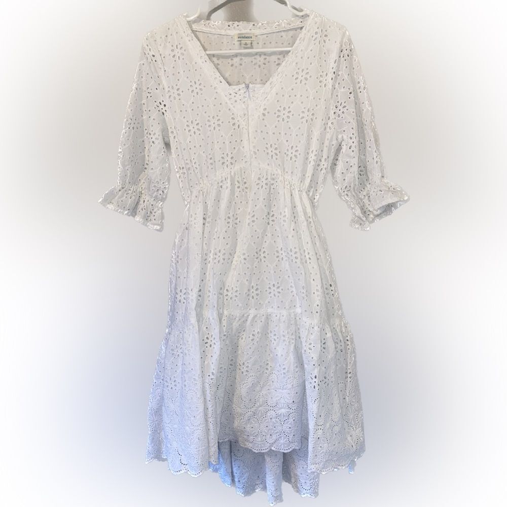 Sundance White Eyelet Puff Sleeve Embroidered Lined Midi Dress Small Zip Front